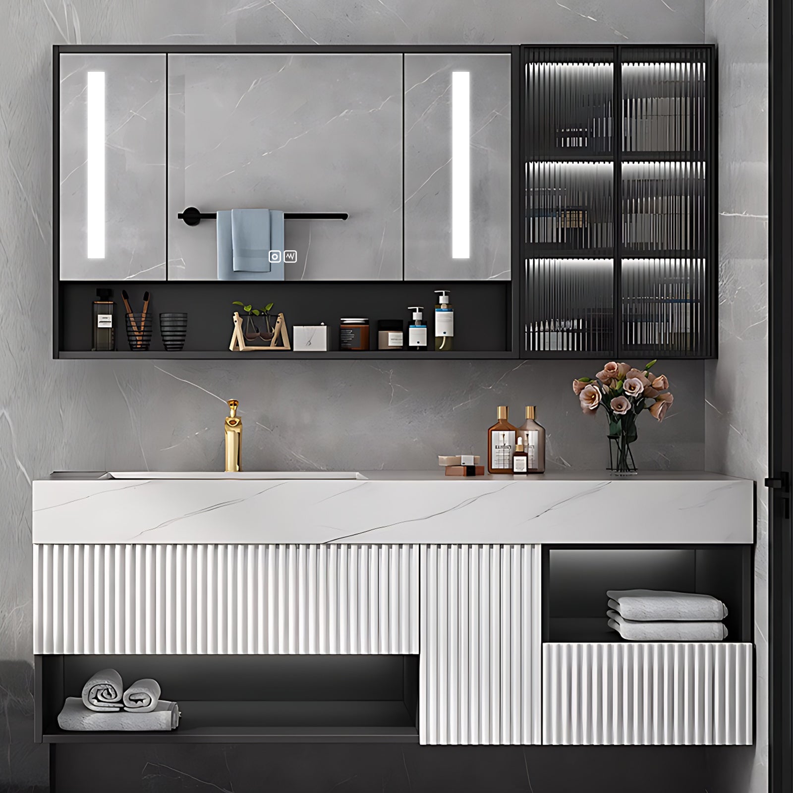 40"- 78" White-Black Bathroom Vanity Set with Open Storage Cabinet & Lighting Glass Cabinet & Sink & LED Mirror