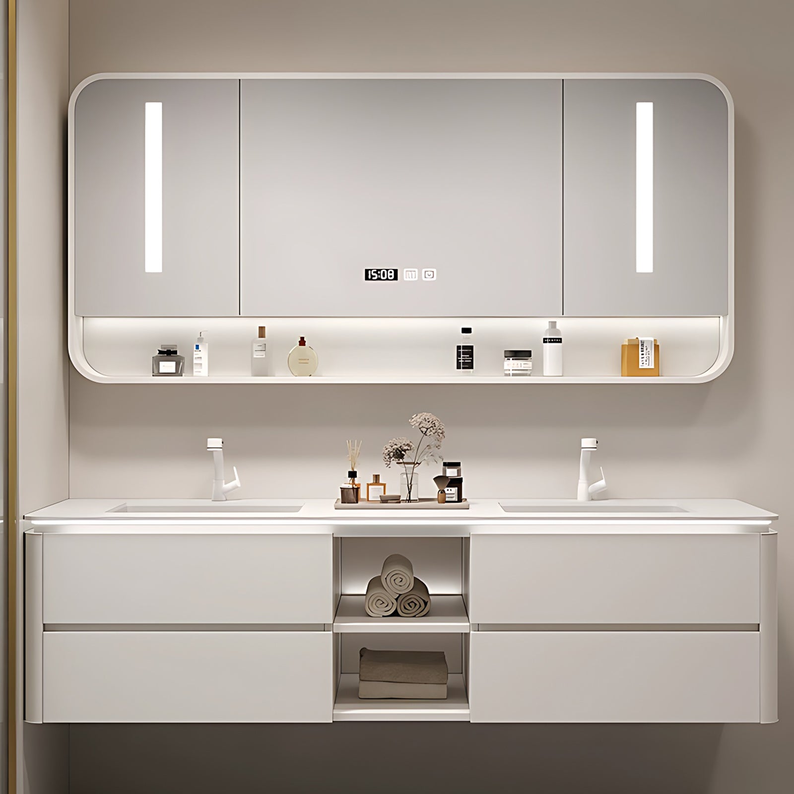 52"- 78" White Double Basin Floating Bathroom Vanity Set with Mirror Cabinet