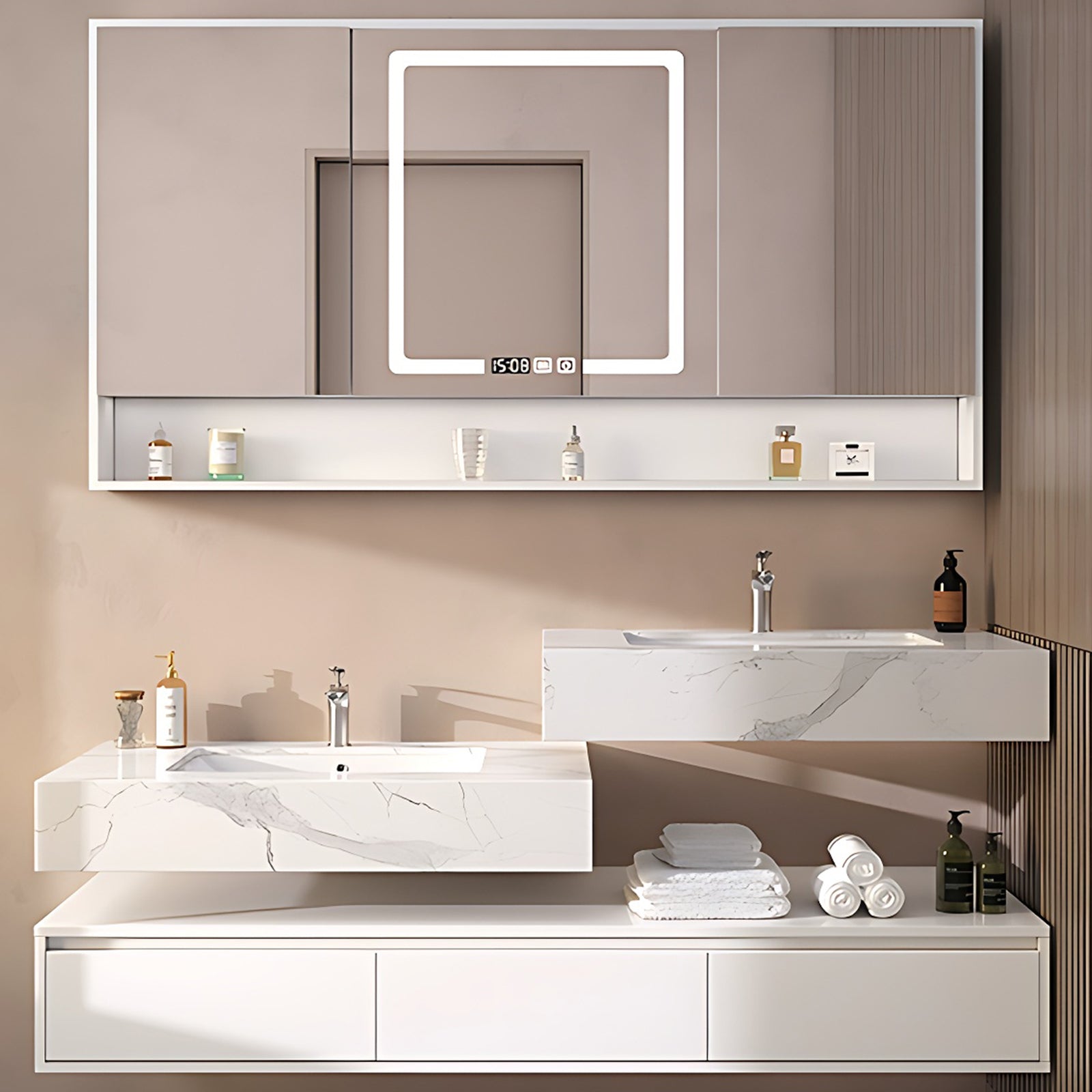 56"- 78" White Double Sink Floating Bathroom Vanity Set with Large Storage Mirror Cabinet