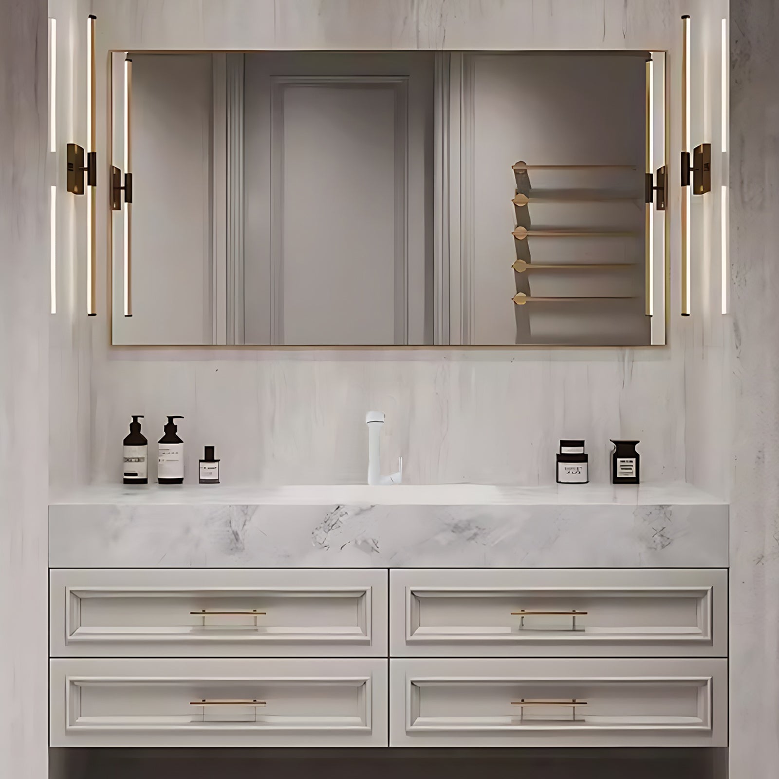 36"- 72" White Floating Bathroom Vanity Set with Drawers & Single Sink & Defogging Mirror