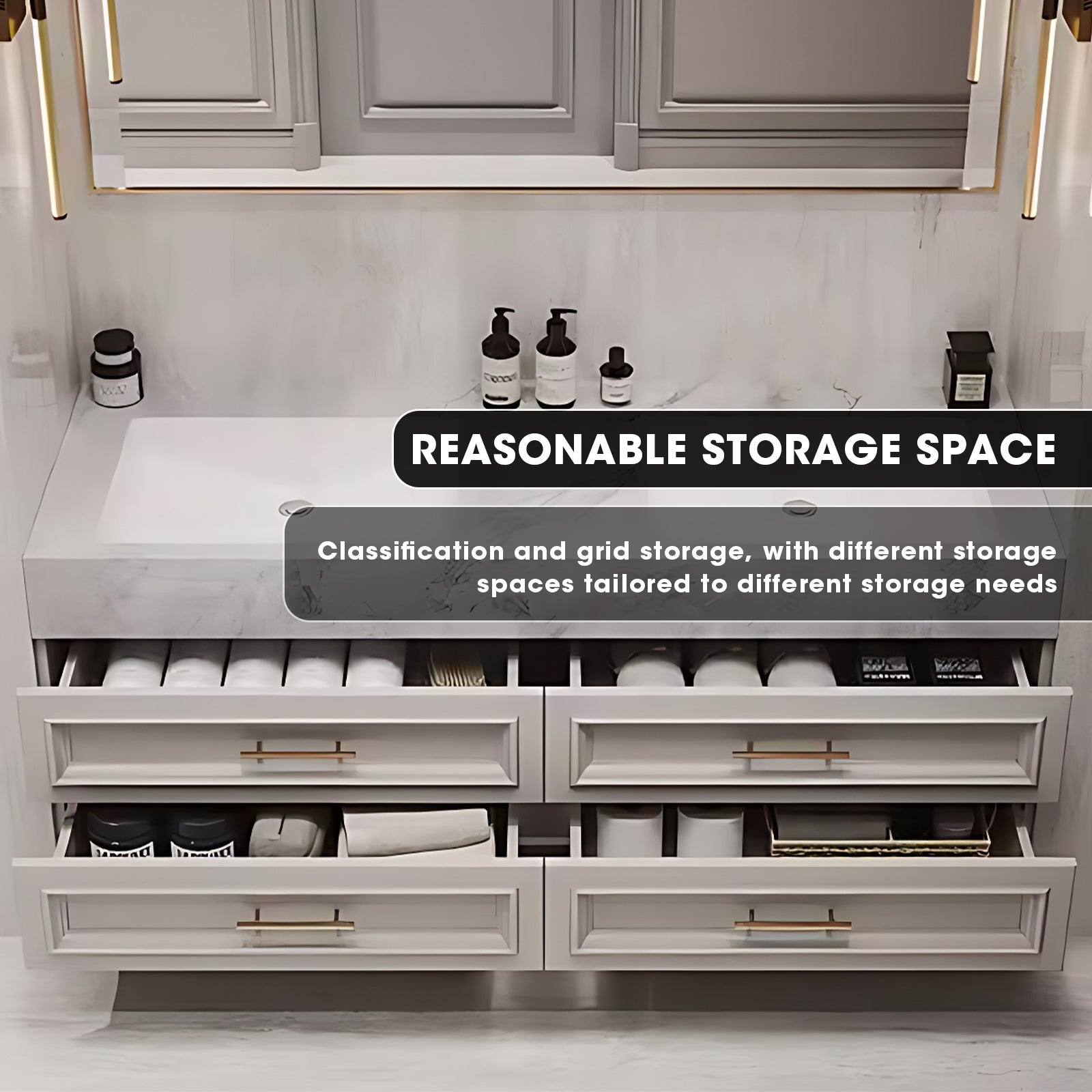 36"- 72" White Floating Bathroom Vanity Set with Drawers & Single Sink & Defogging Mirror