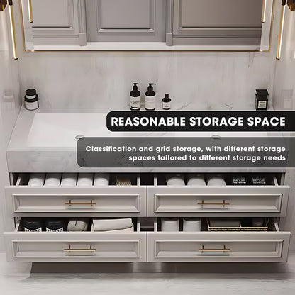 36"- 72" White Floating Bathroom Vanity Set with Drawers & Single Sink & Defogging Mirror