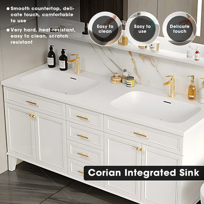 52"- 78" White Freestanding Bath Vanity Set with Double Sink and Smart LED Mirror
