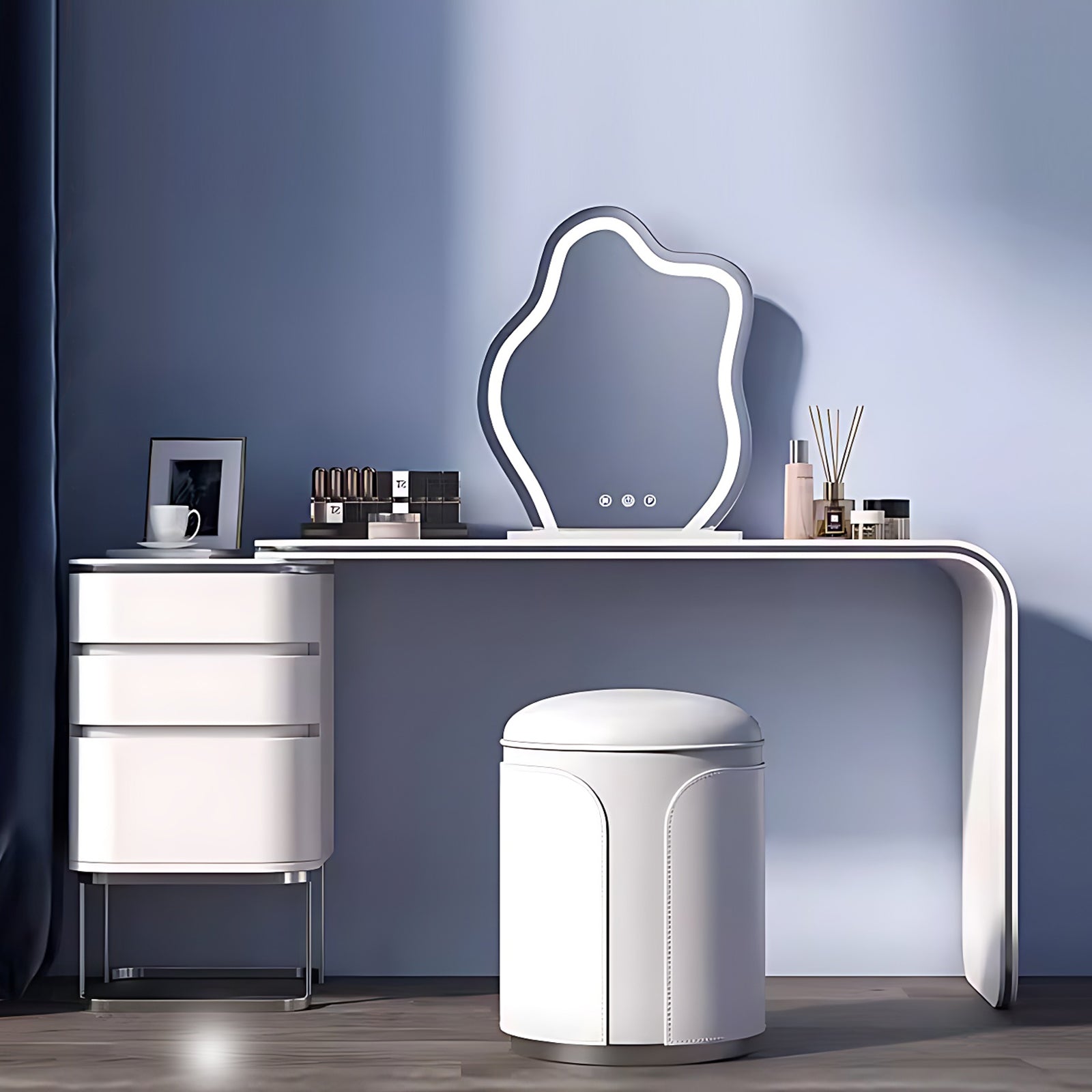 White Makeup Vanity Set with Irregular LED Mirror & Stool