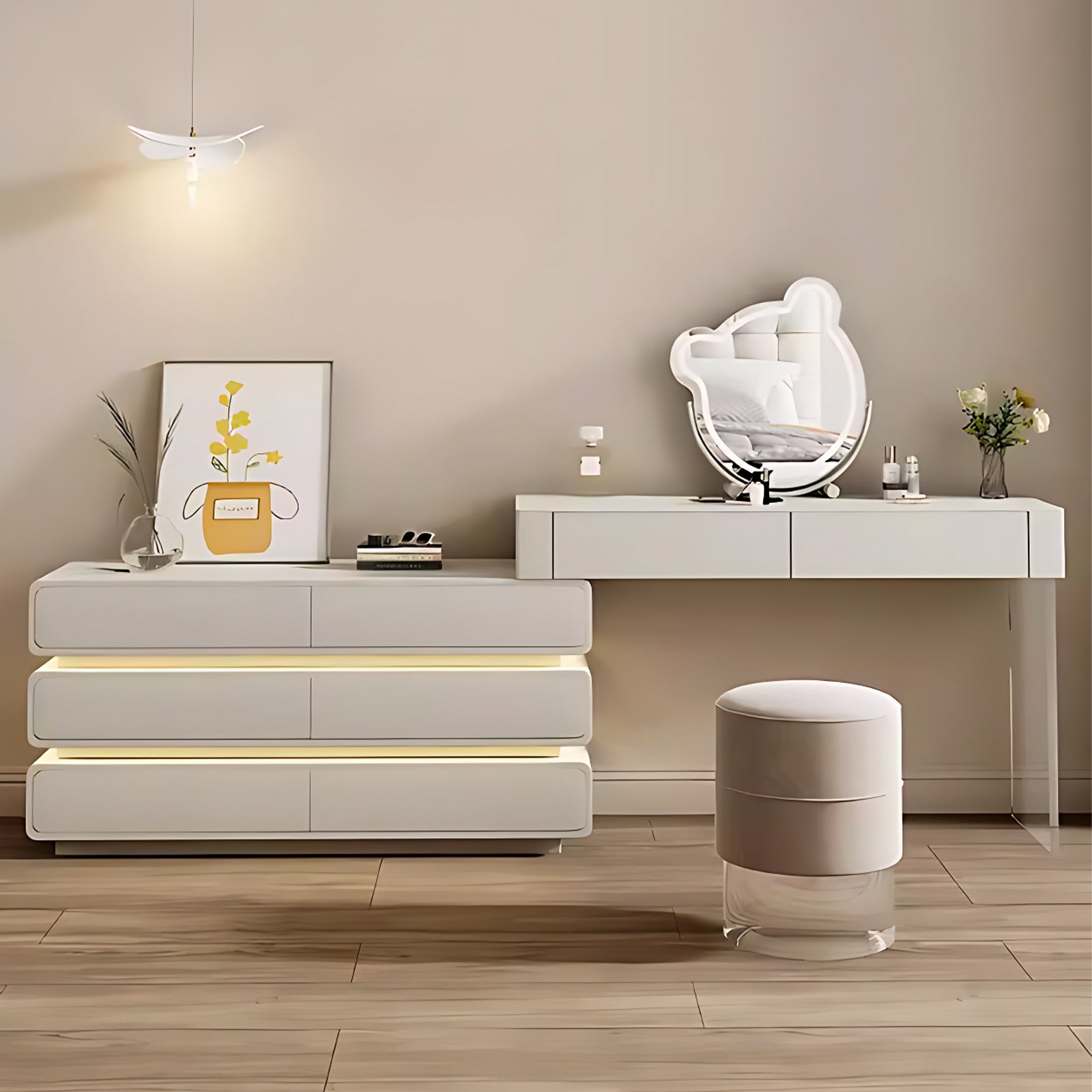 White Rotating Dressing Table with Bear-Shape Mirror and Stool