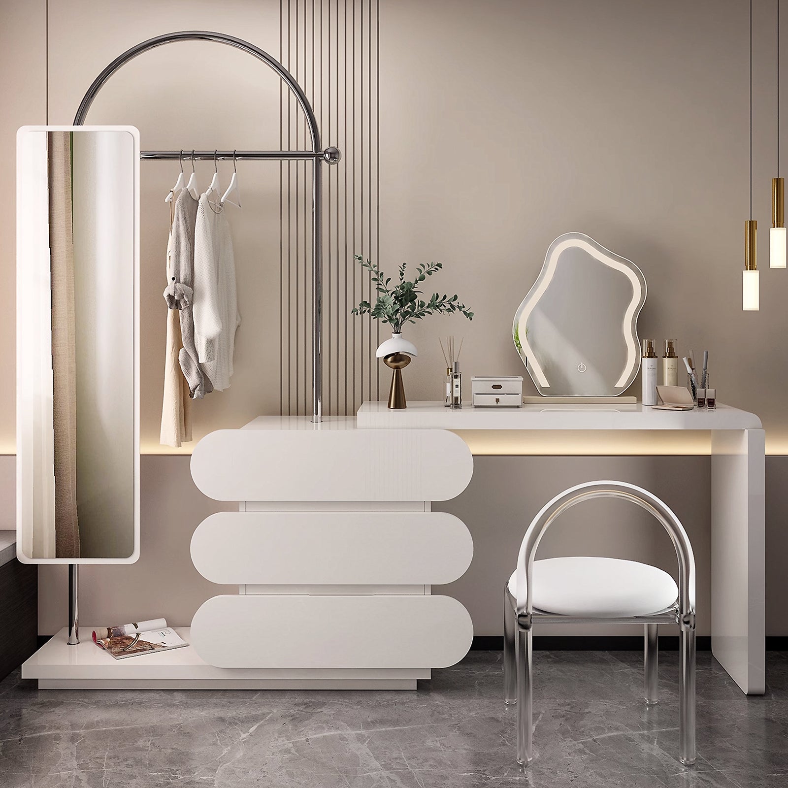 White Rotating Makeup Vanity Set with Clothing Rack & LED Mirror & Full Length Mirror & Stool