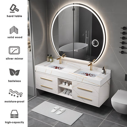 40"- 60" White Solid Wood Bath Vanity Set with Circle Defogging Mirror and Ceramic Basin