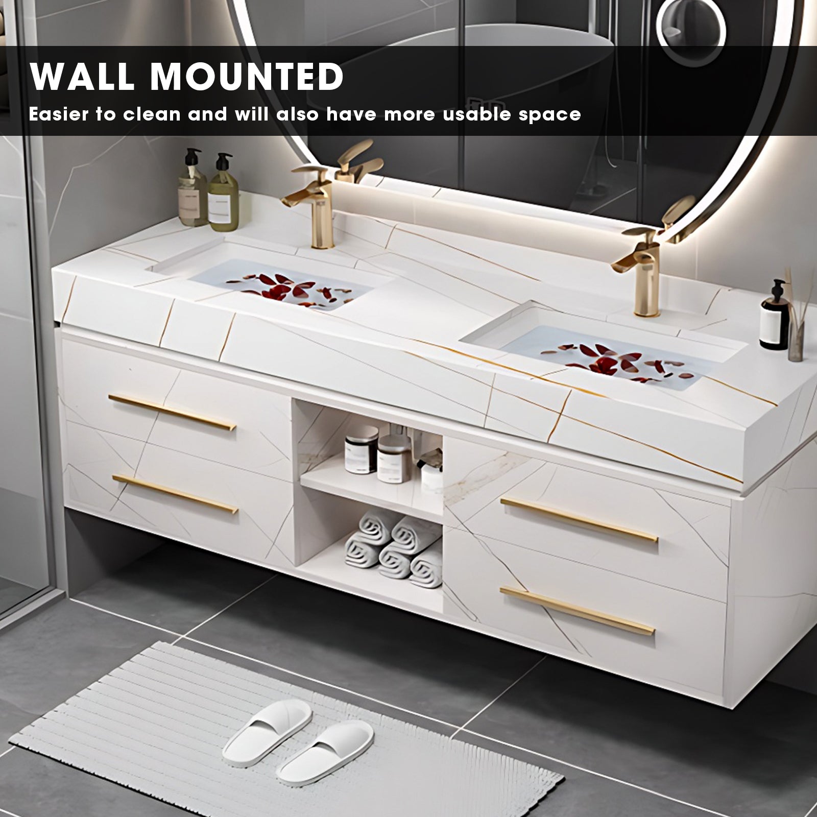 40"- 60" White Solid Wood Bath Vanity Set with Circle Defogging Mirror and Ceramic Basin