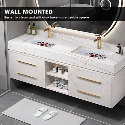 40"- 60" White Solid Wood Bath Vanity Set with Circle Defogging Mirror and Ceramic Basin