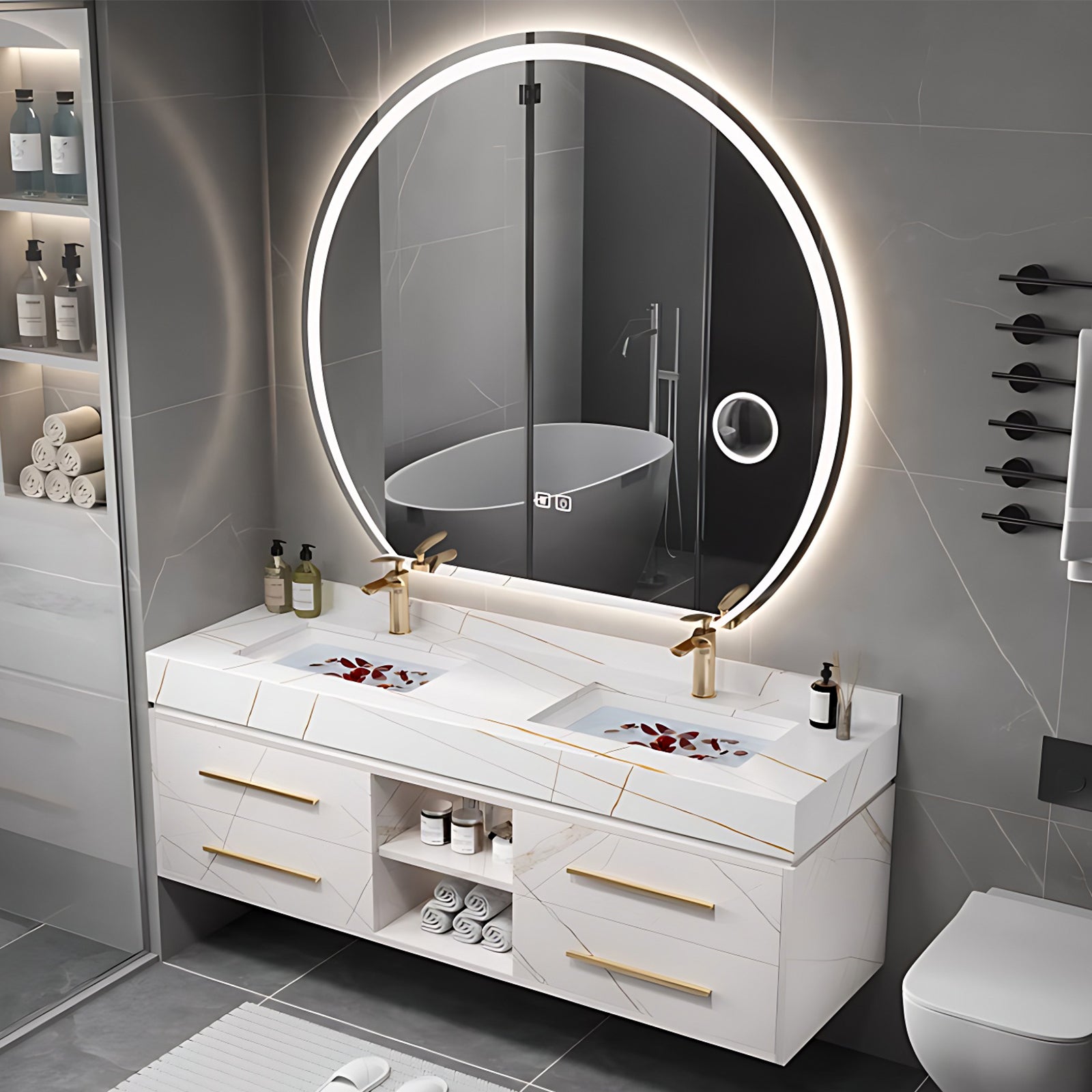 40"- 60" White Solid Wood Bath Vanity Set with Circle Defogging Mirror and Ceramic Basin