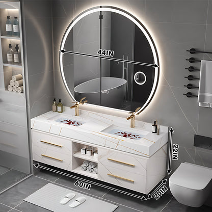 40"- 60" White Solid Wood Bath Vanity Set with Circle Defogging Mirror and Ceramic Basin