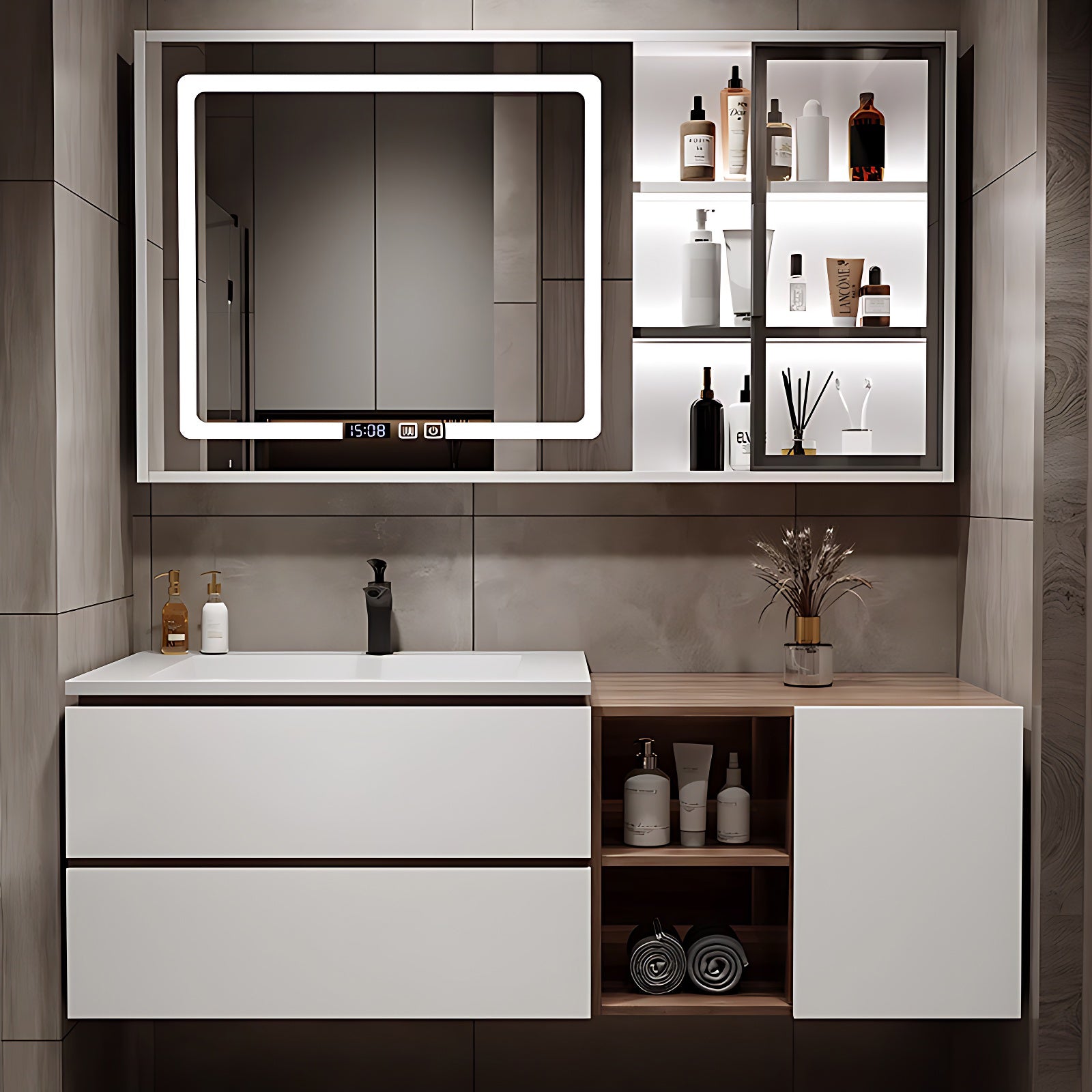 36"- 48" White Waterproof Mirror Bathroom Cabinet Set with Sink