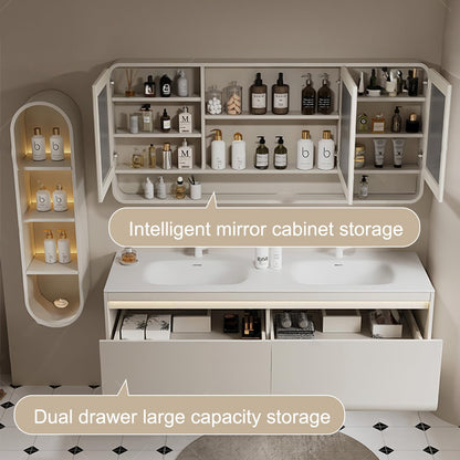 60"- 72" White Floating Bath Vanity Set with LED Mirror Cabinet & Double Sink & Lighting Cabinet