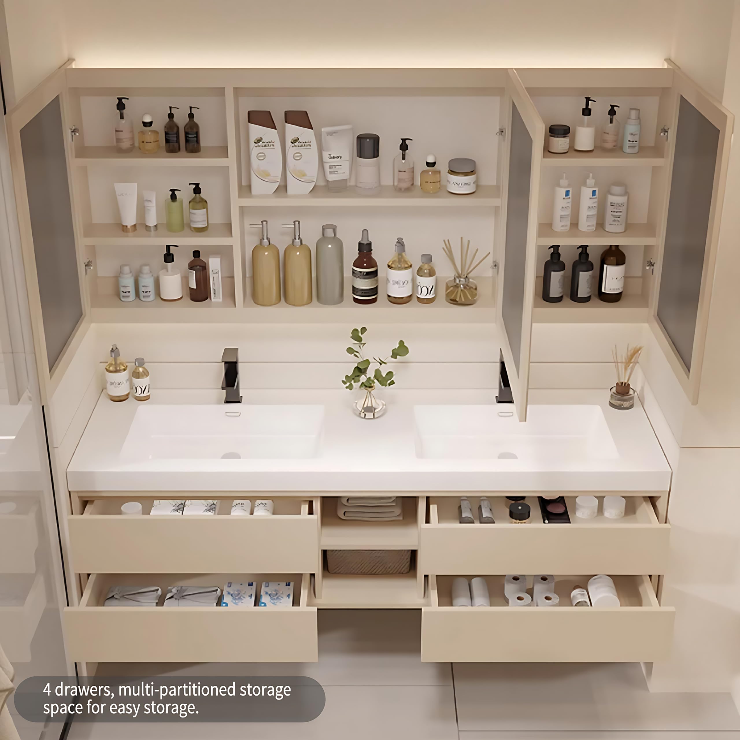 52"- 76" Double Sink Wall-Mounted Solid Wood Bathroom Vanity Set with LED Mirror Cabinet