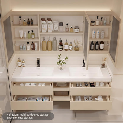 52"- 76" Double Sink Wall-Mounted Solid Wood Bathroom Vanity Set with LED Mirror Cabinet