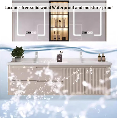 52"- 72" Floating Bathroom Vanity Set with LED Mirror Cabinet & Double Sink