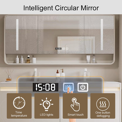 60"- 72" White Floating Bath Vanity Set with LED Mirror Cabinet & Double Sink & Lighting Cabinet