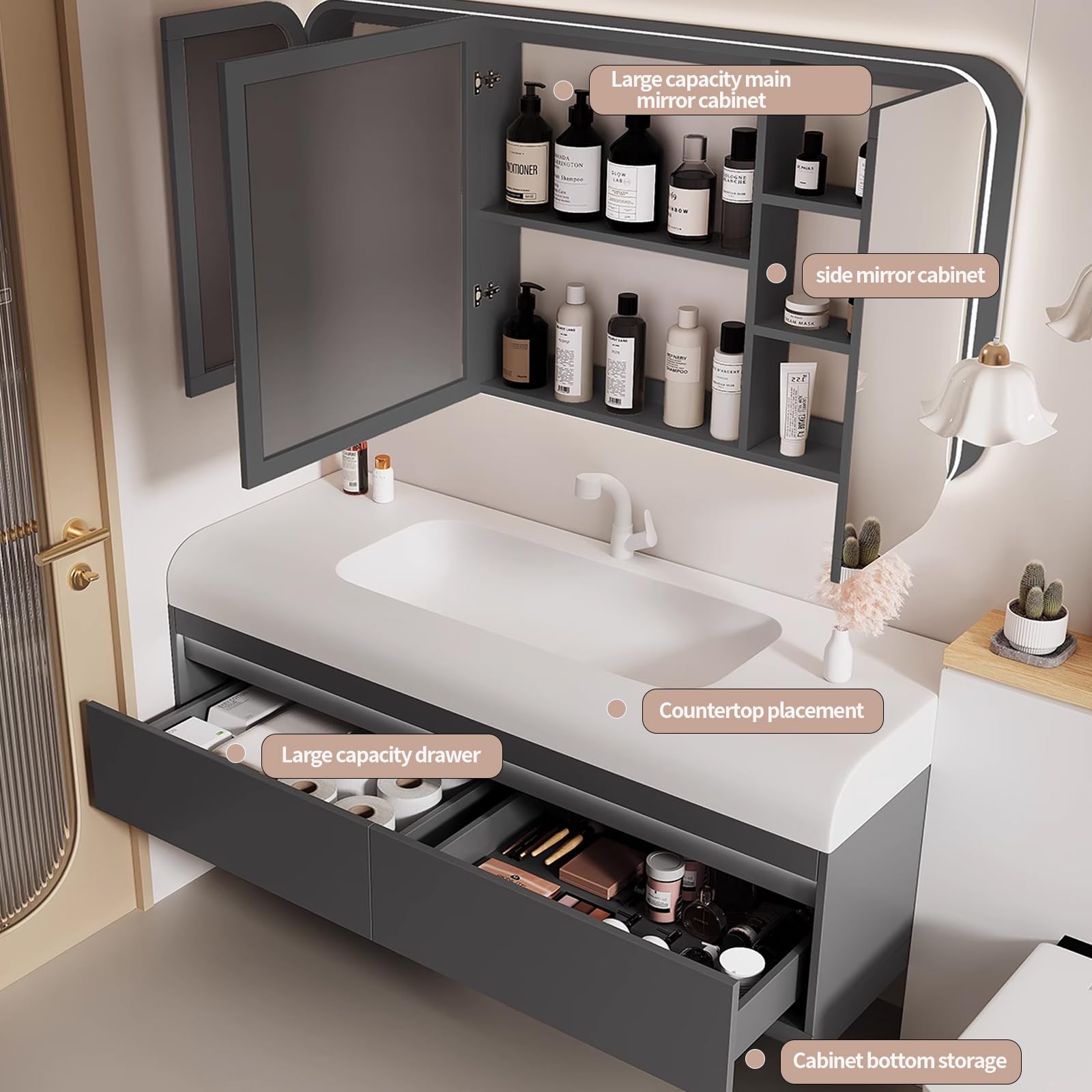36"- 60" Wall Mounted Solid Wood Single Sink Bathroom Vanity Set with Smart Sensor Light and Mirror