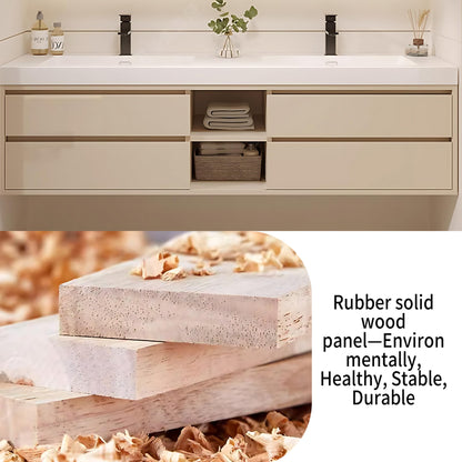 52"- 76" Double Sink Wall-Mounted Solid Wood Bathroom Vanity Set with LED Mirror Cabinet