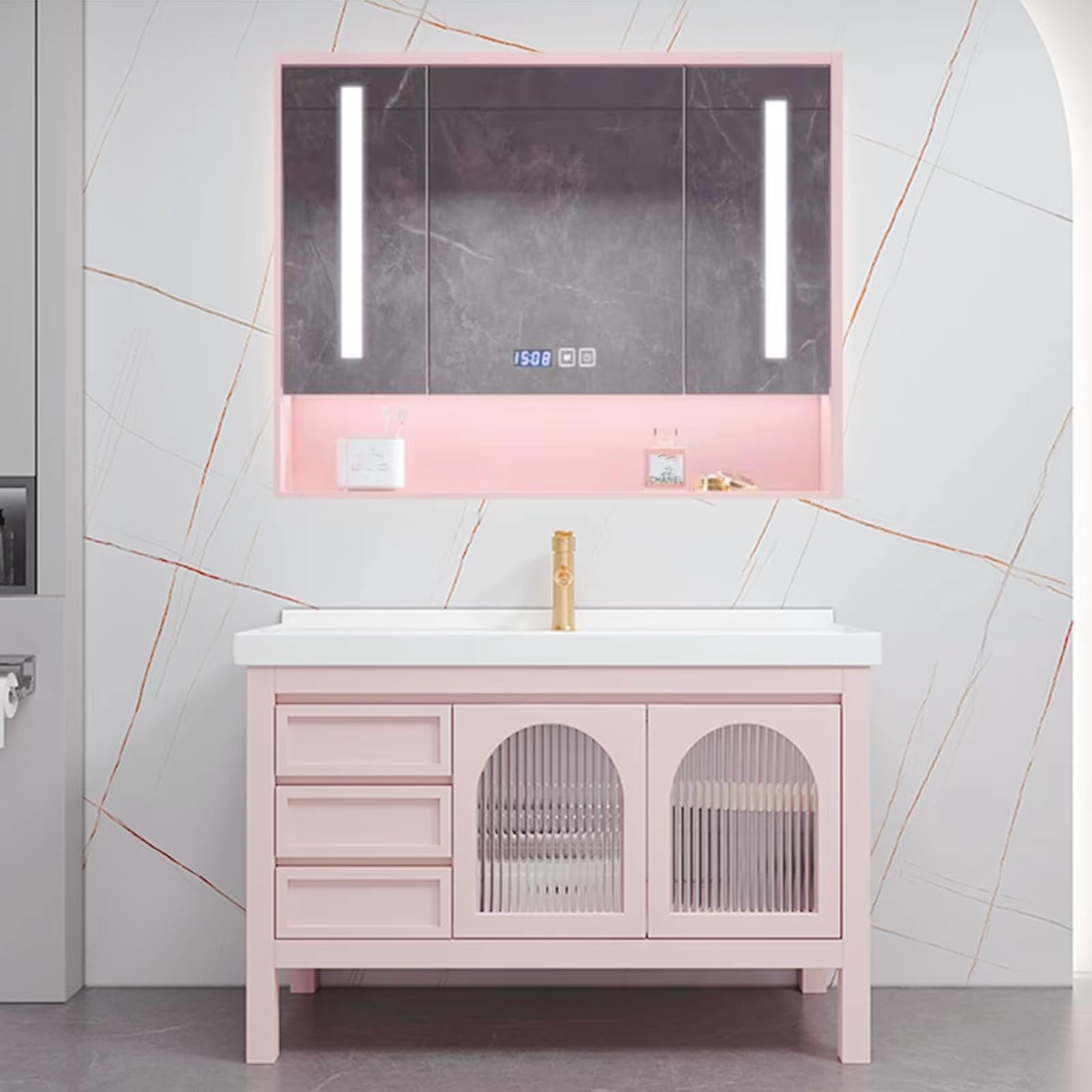 44"- 48" Freestanding Pink Single Sink Bathroom Vanity with Smart Mirror Cabinet