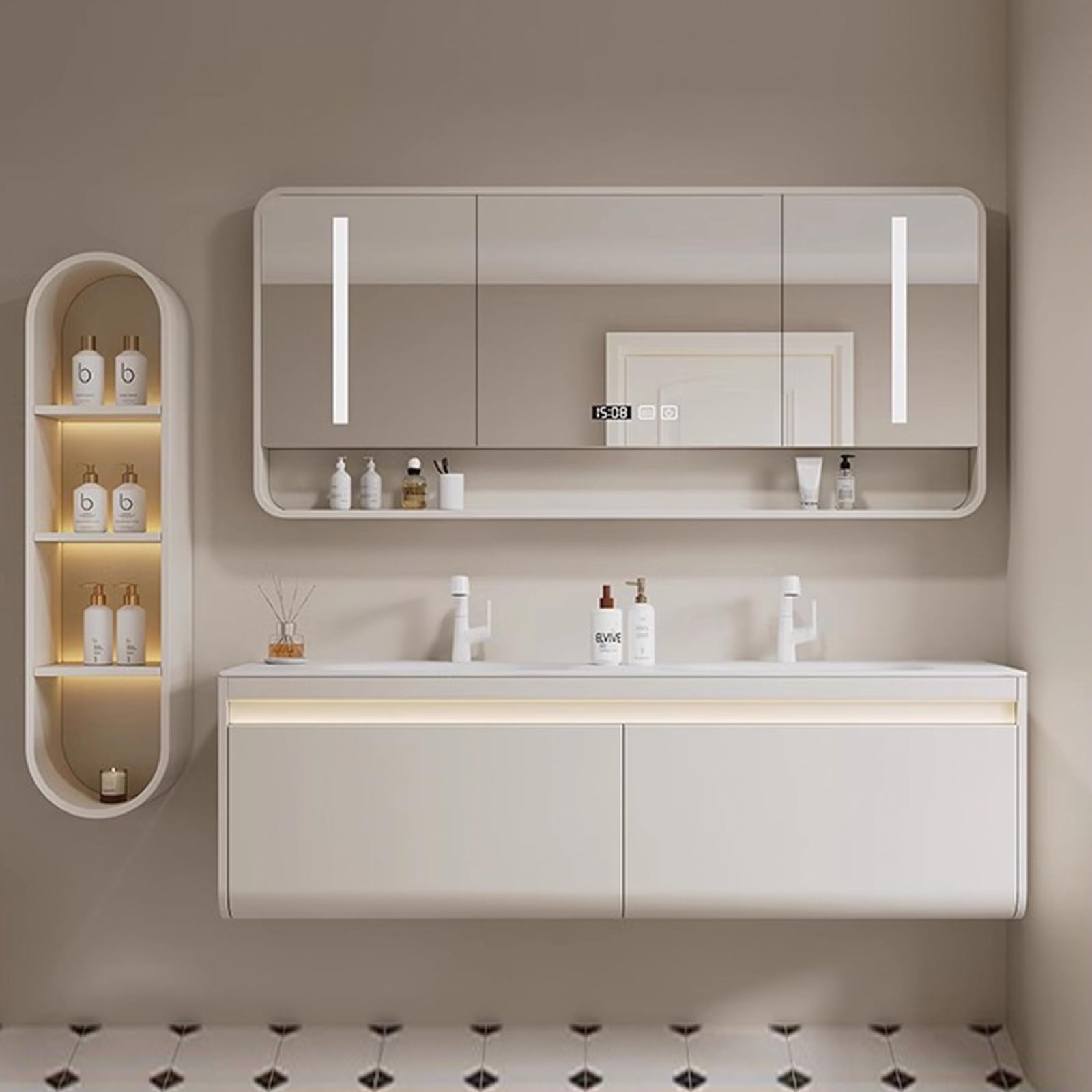 60"- 72" White Floating Bath Vanity Set with LED Mirror Cabinet & Double Sink & Lighting Cabinet