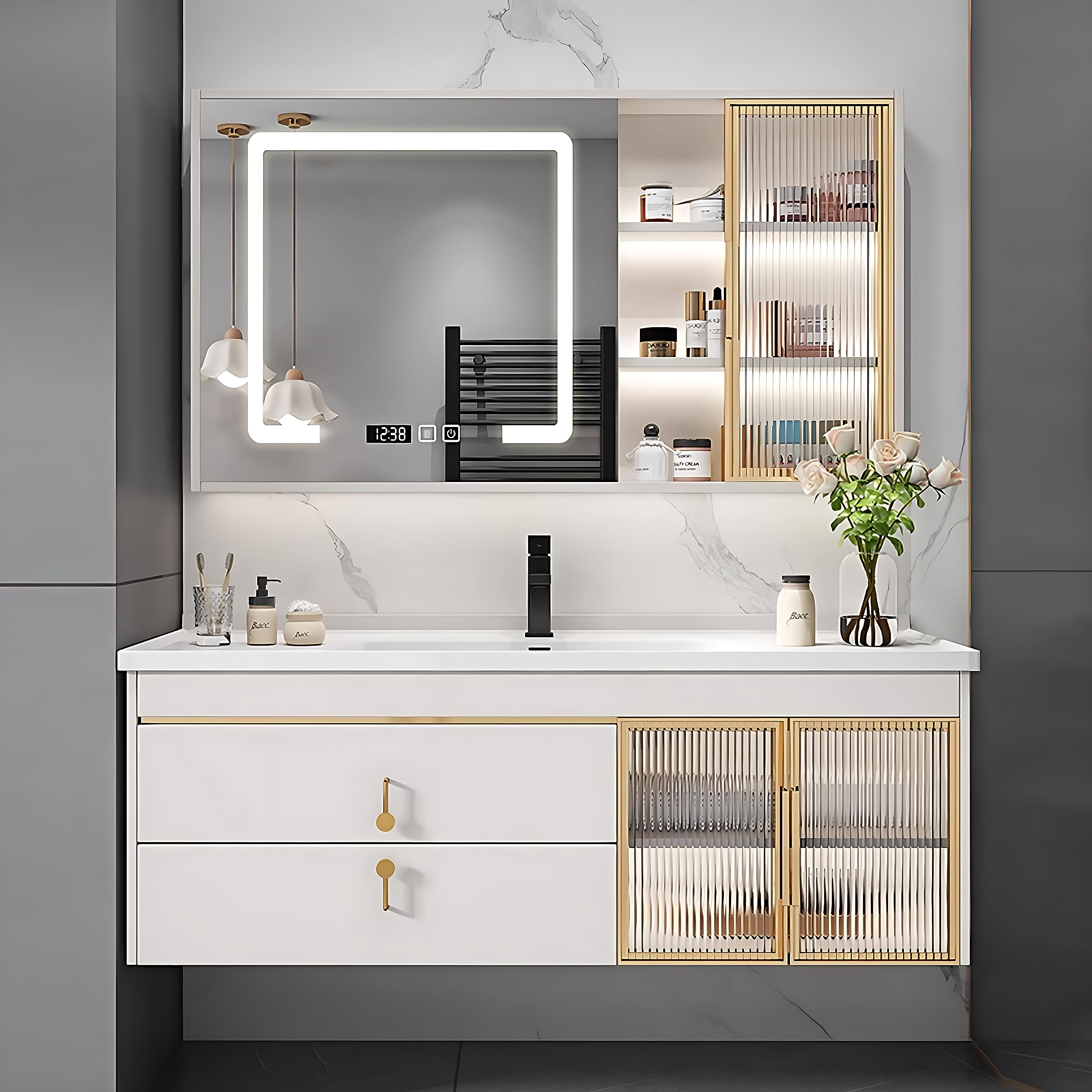 44"- 48" White Floating Bath Vanity Set with Striped Glass Door Cabinet and LED Mirror