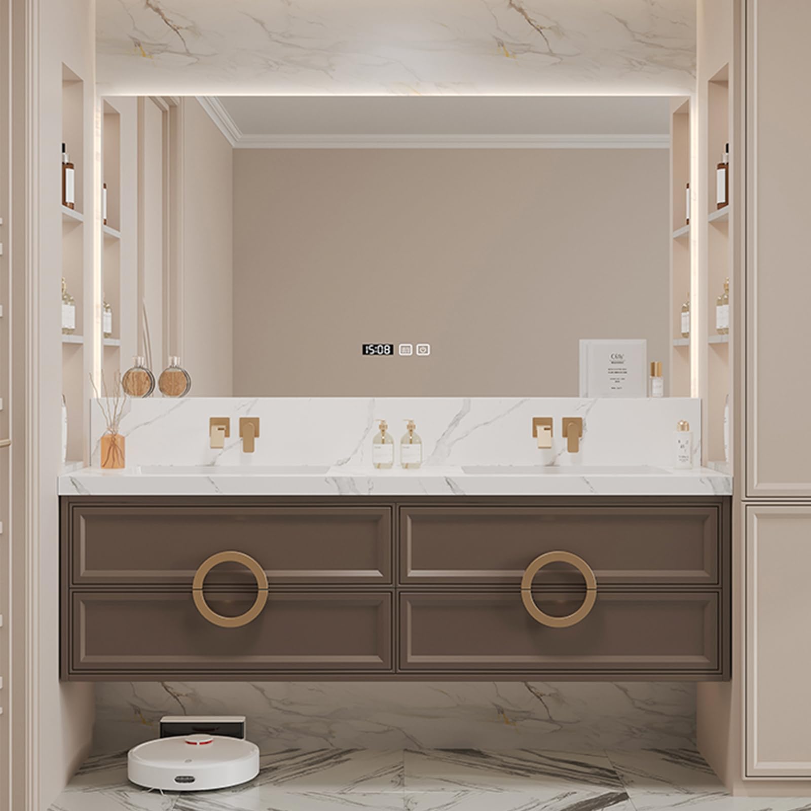 56"- 72" Double Basin Floating Bathroom Vanity Set with Smart LED Mirror Cabinet and 4 Drawers