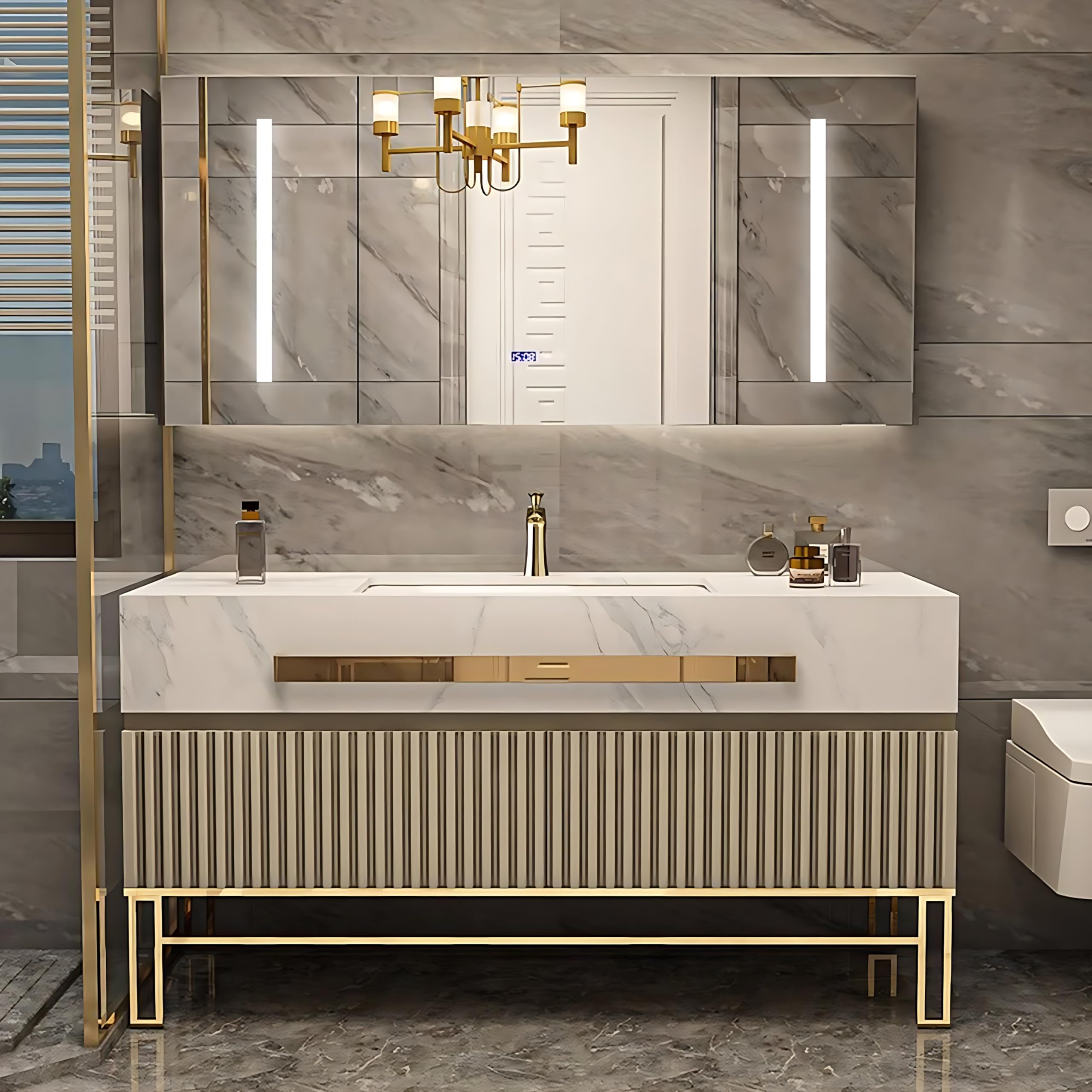 36"- 48" Freestanding Gold Bathroom Vanity Set with Smart LED Light Cabinet and Sink