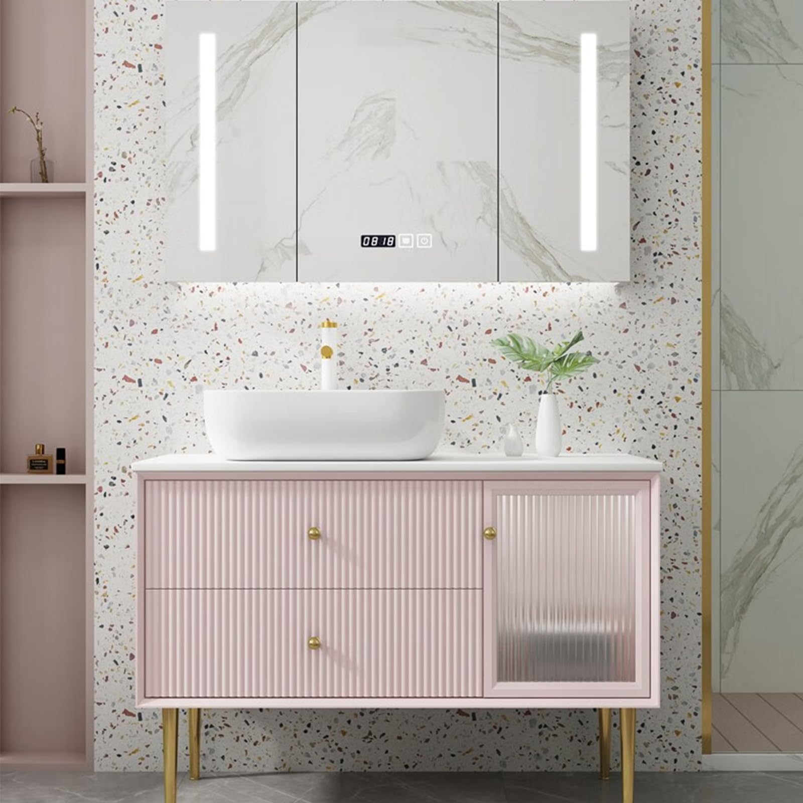 40"- 48" Freestanding Pink Single Sink Bathroom Vanity Set with LED Mirror Cabinet