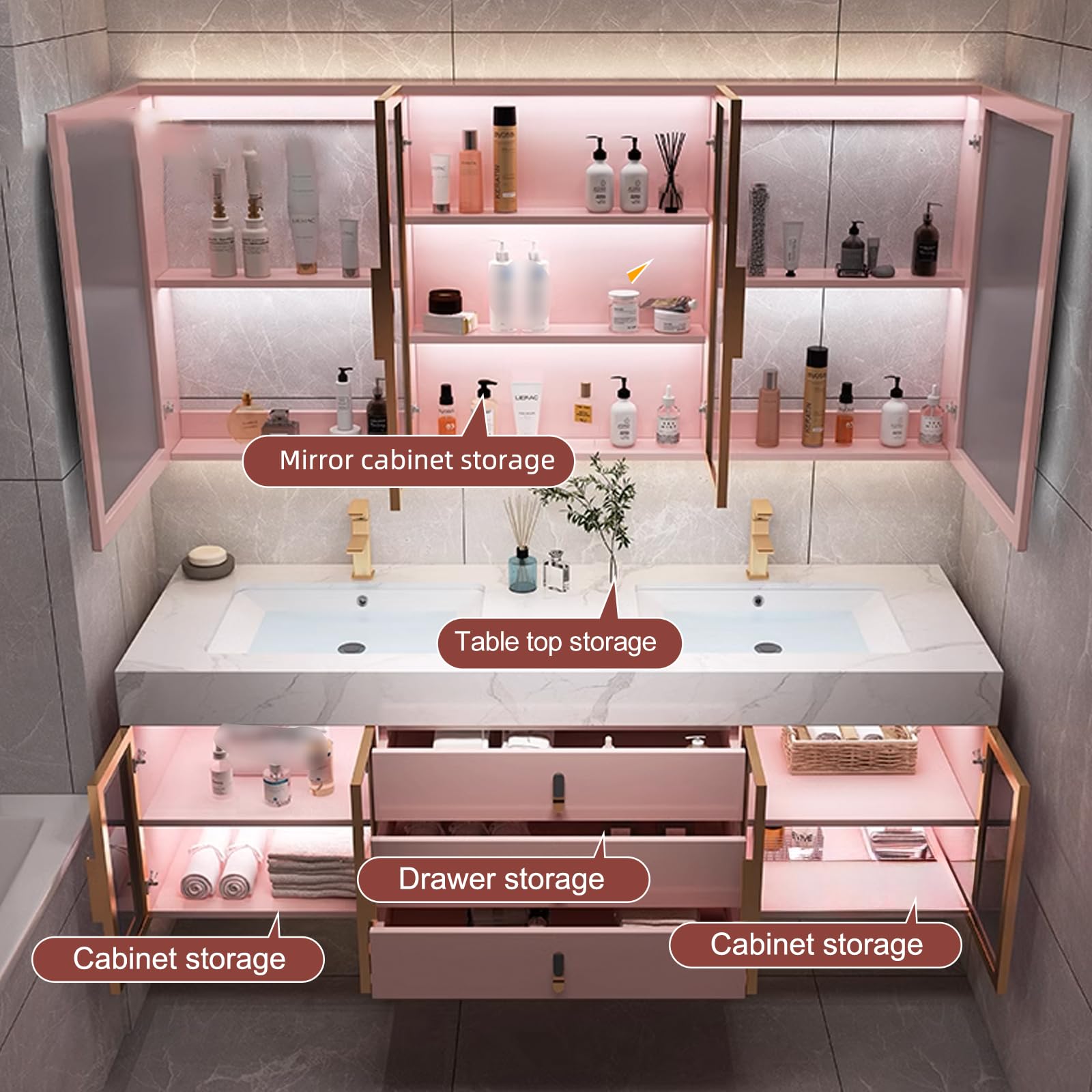 76" Pink Double Sink Bathroom Vanity Set with LED Mirror ??? High QLO