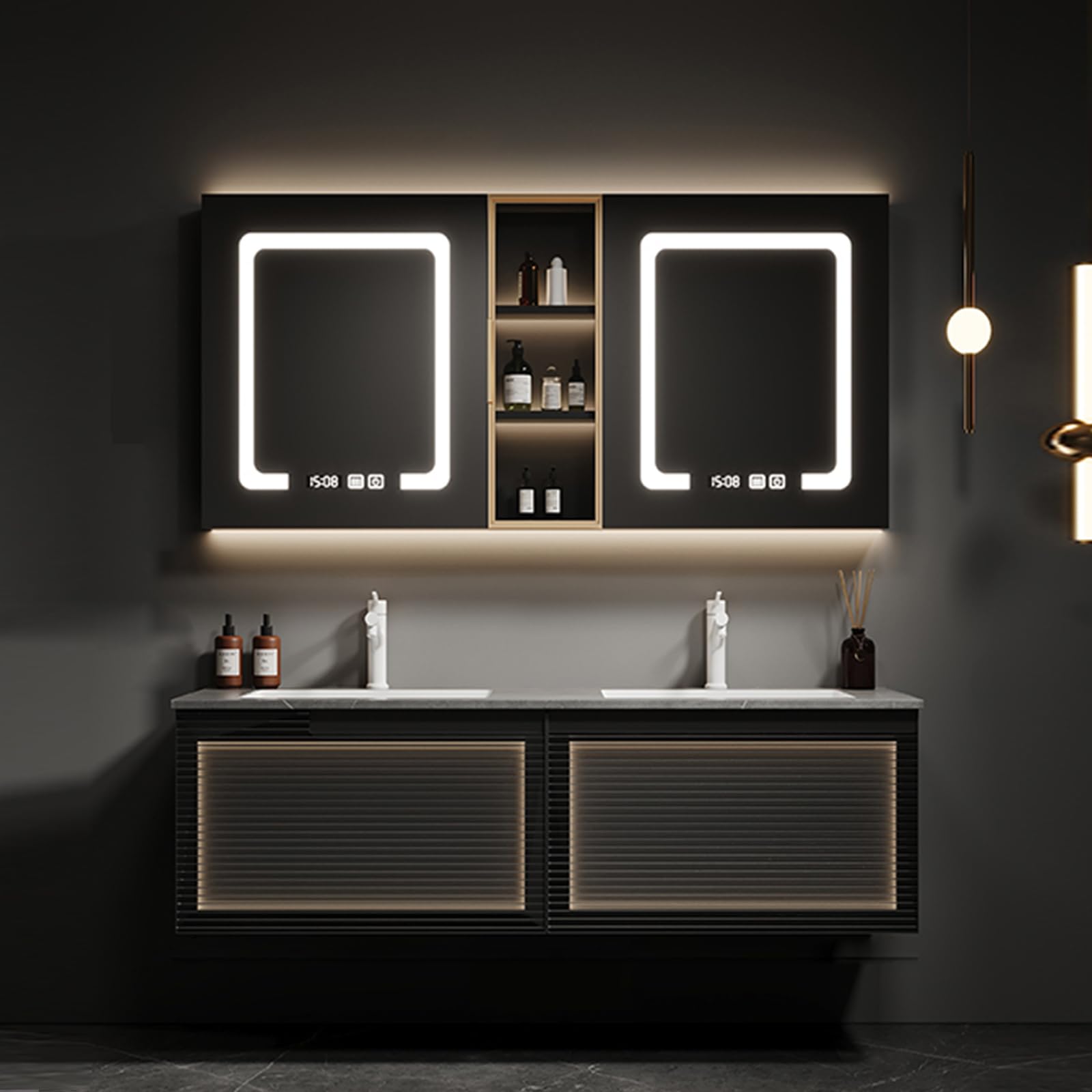 52"- 72" Floating Double Sink Black Bathroom Vanity Set with Double Intelligent LED Mirror