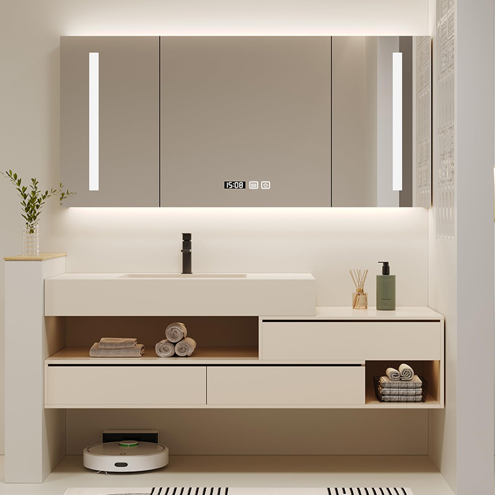 52"- 72" Single Ceramic Basin Wall Mounted Bathroom Vanity Set with Smart LED Mirror Cabinet