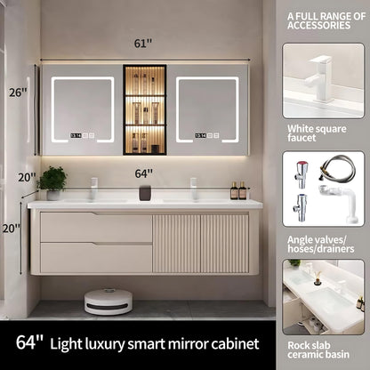 52"- 72" Floating Bathroom Vanity Set with LED Mirror Cabinet & Double Sink