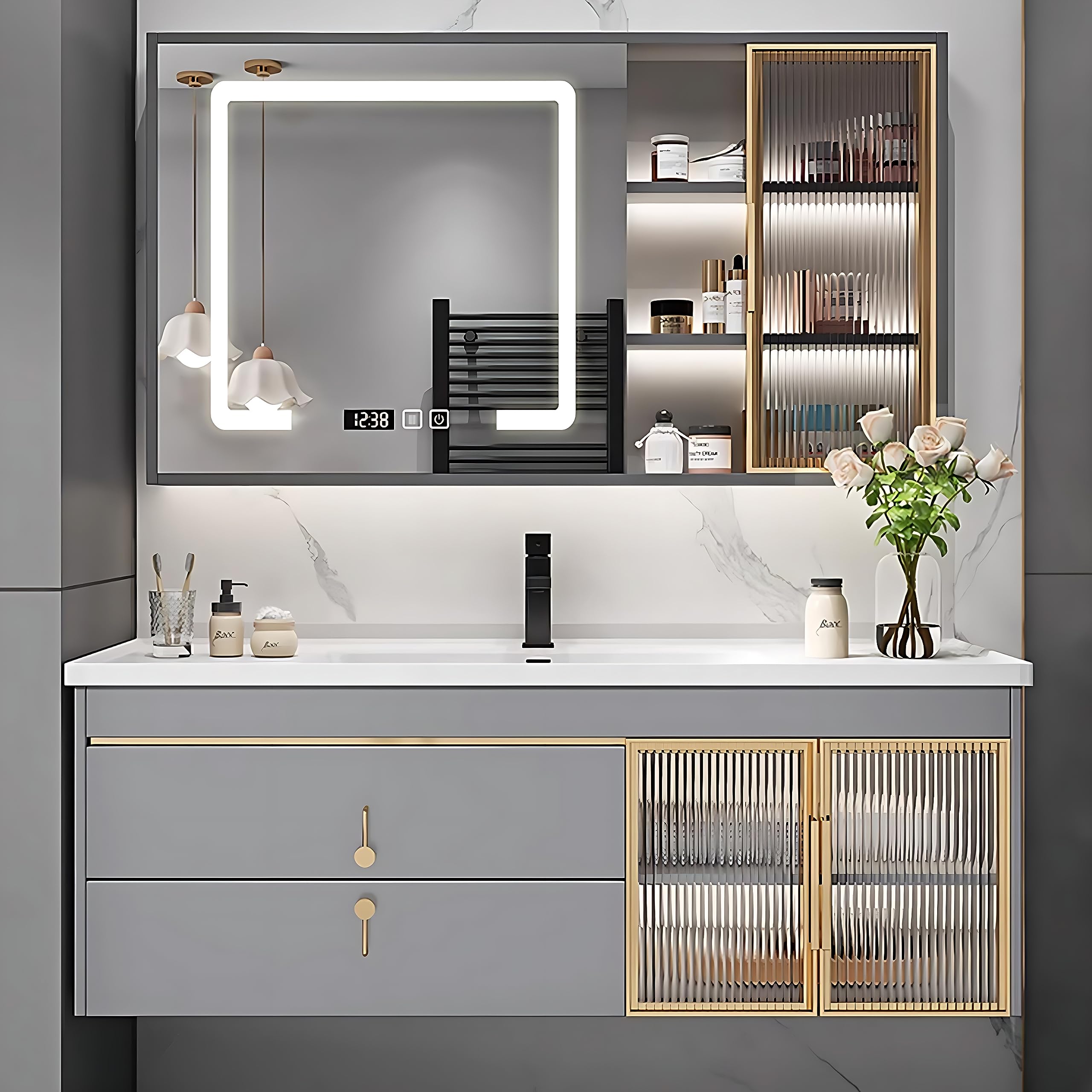 44"- 48" Wall Mounted Bath Vanity Set with Striped Glass Door Cabinet, Sink and LED Mirror