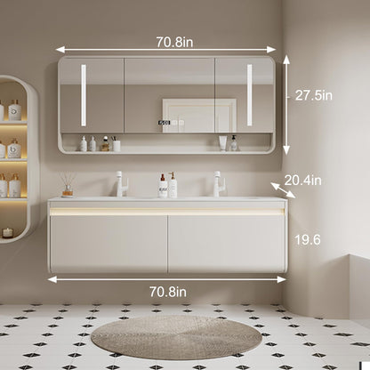 60"- 72" White Floating Bath Vanity Set with LED Mirror Cabinet & Double Sink & Lighting Cabinet