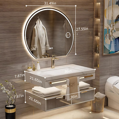 36"- 48" Floating Bathroom Vanity Set with Round Intelligent Mirror and Sink