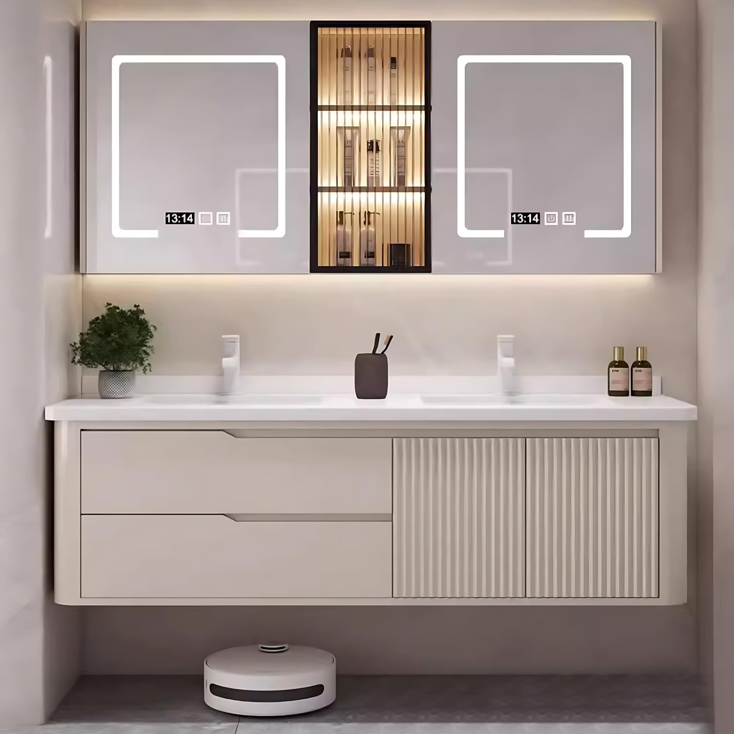 52"- 72" Floating Bathroom Vanity Set with LED Mirror Cabinet & Double Sink