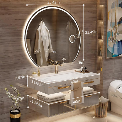 36"- 48" Floating Bathroom Vanity Set with Round Intelligent Mirror and Sink