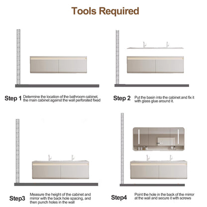 60"- 72" White Floating Bath Vanity Set with LED Mirror Cabinet & Double Sink & Lighting Cabinet