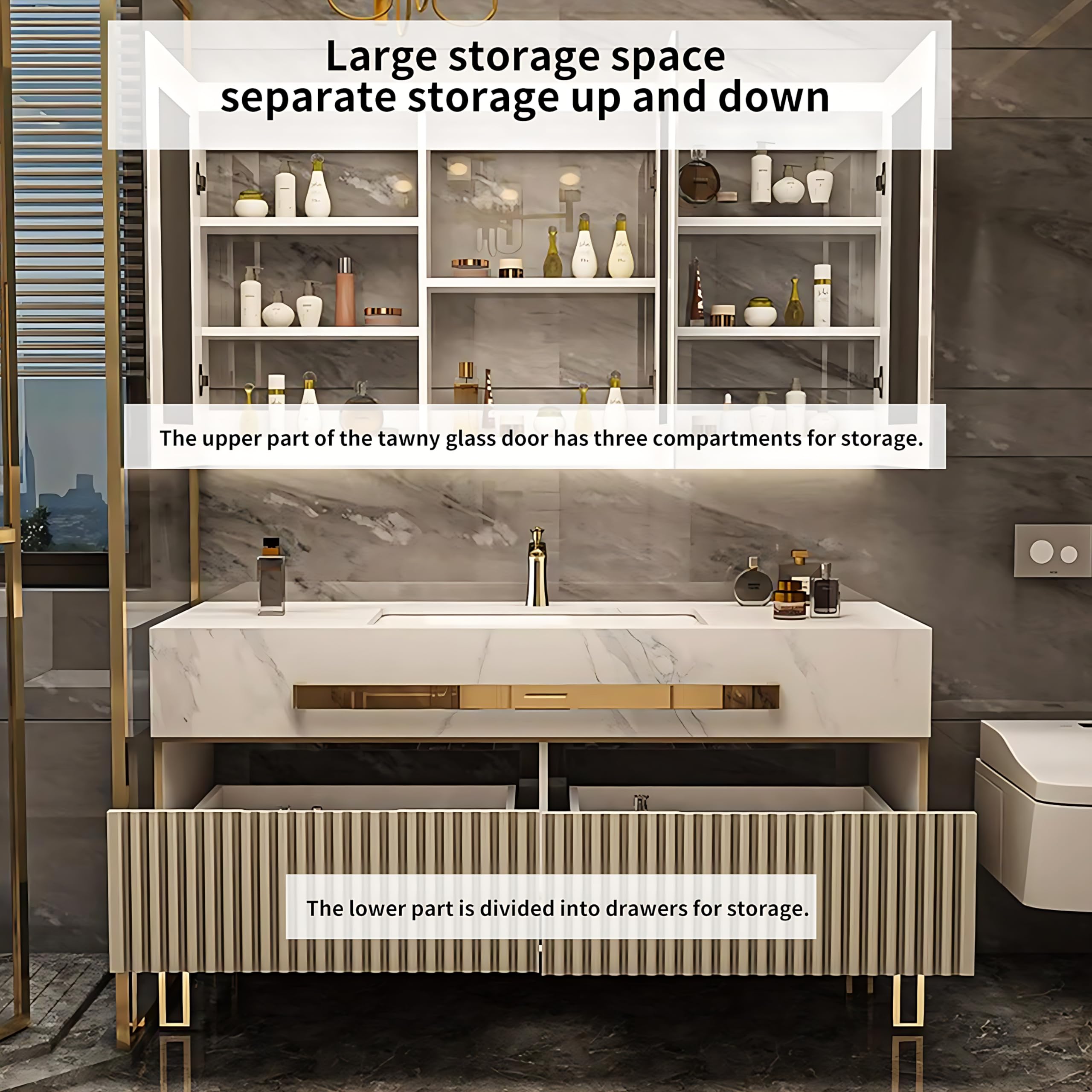 36"- 48" Freestanding Gold Bathroom Vanity Set with Smart LED Light Cabinet and Sink