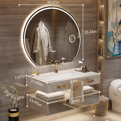 36"- 48" Floating Bathroom Vanity Set with Round Intelligent Mirror and Sink