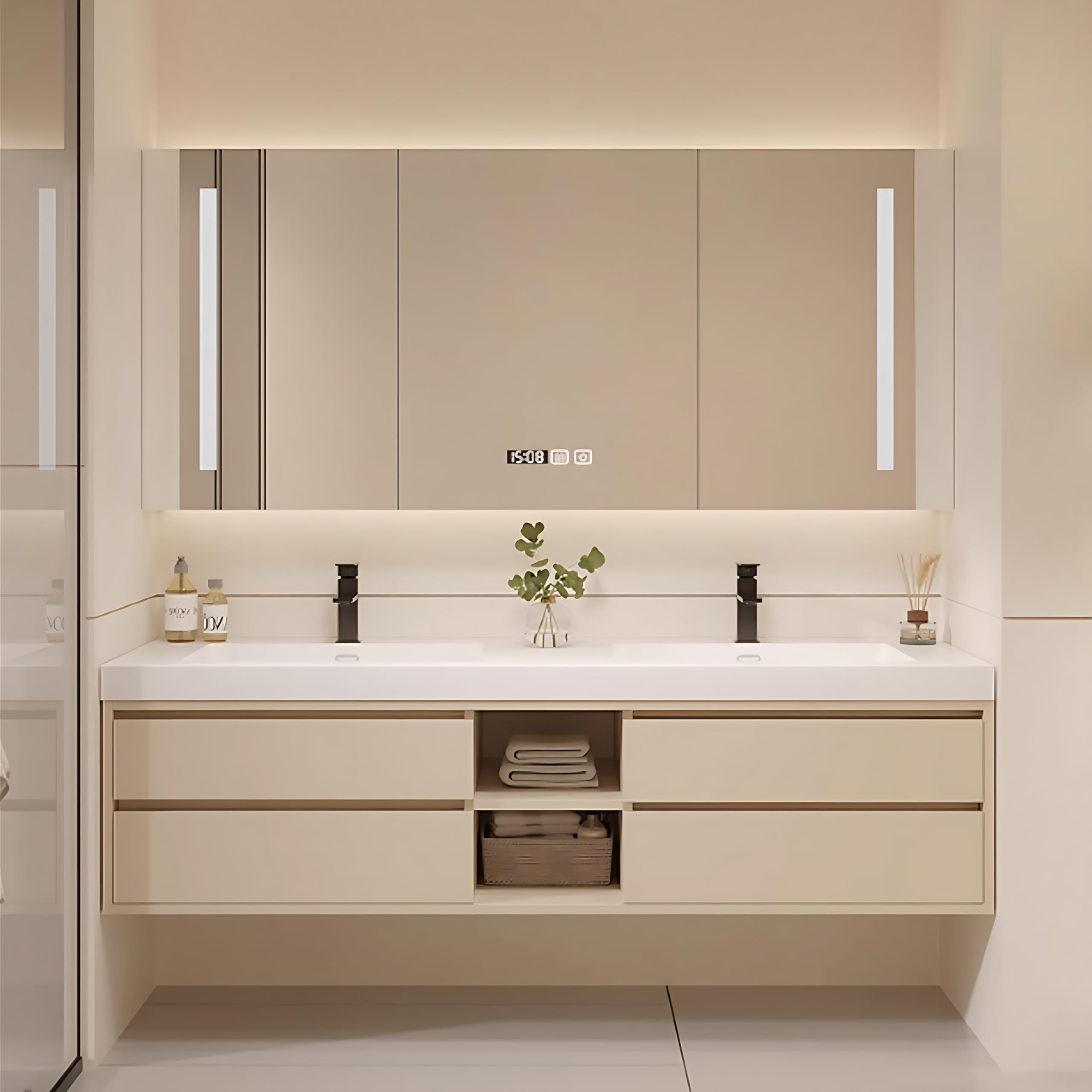 52"- 76" Double Sink Wall-Mounted Solid Wood Bathroom Vanity Set with LED Mirror Cabinet