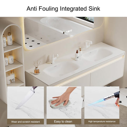 60"- 72" White Floating Bath Vanity Set with LED Mirror Cabinet & Double Sink & Lighting Cabinet