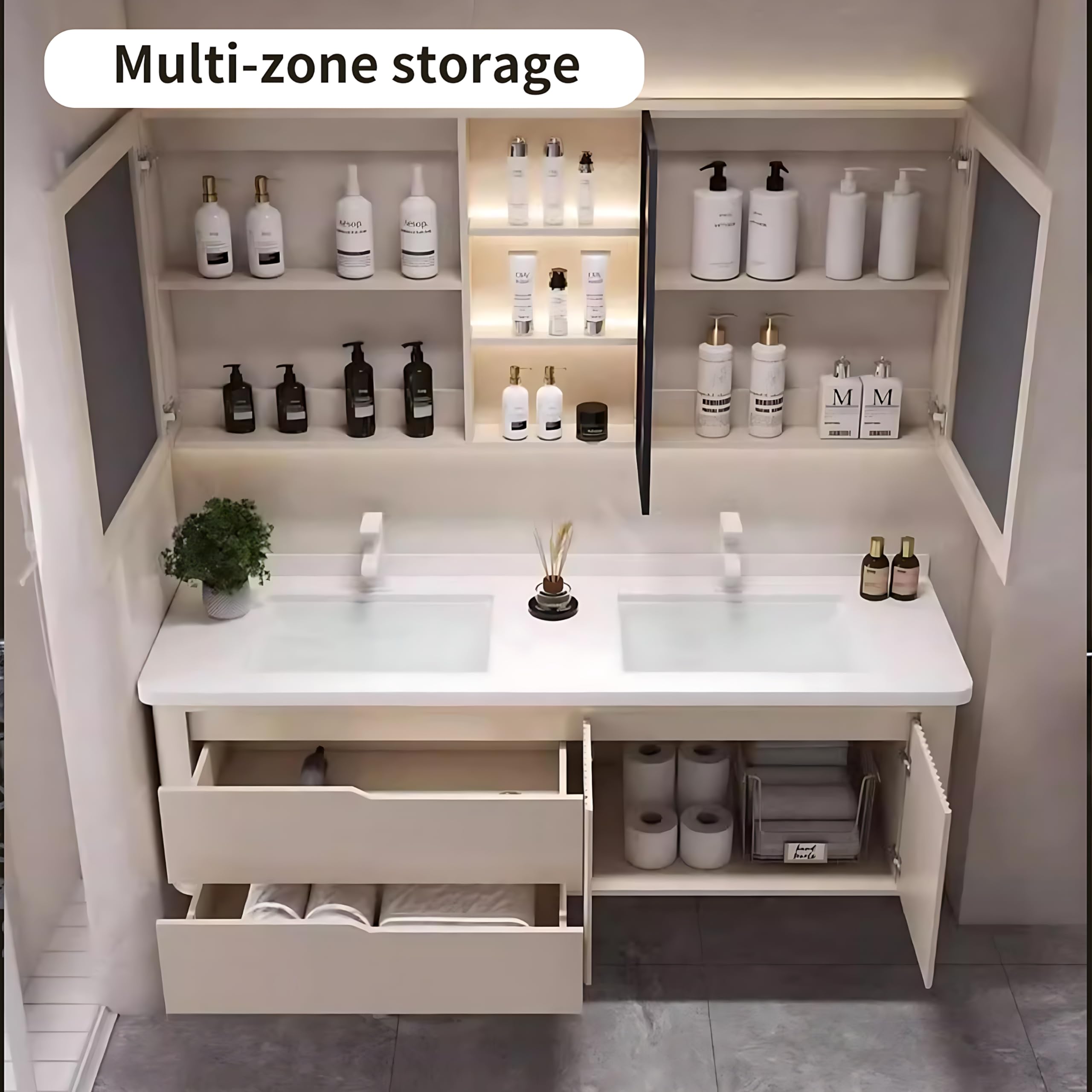 52"- 72" Floating Bathroom Vanity Set with LED Mirror Cabinet & Double Sink