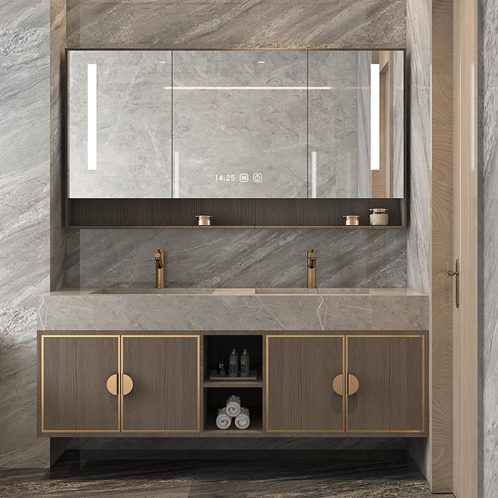 52"- 64" Solid Wood Double Sink Bathroom Vanity Set with Defogging Mirror