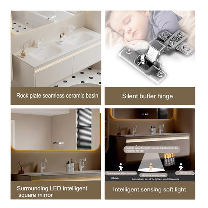 60"- 72" White Floating Bath Vanity Set with LED Mirror Cabinet & Double Sink & Lighting Cabinet