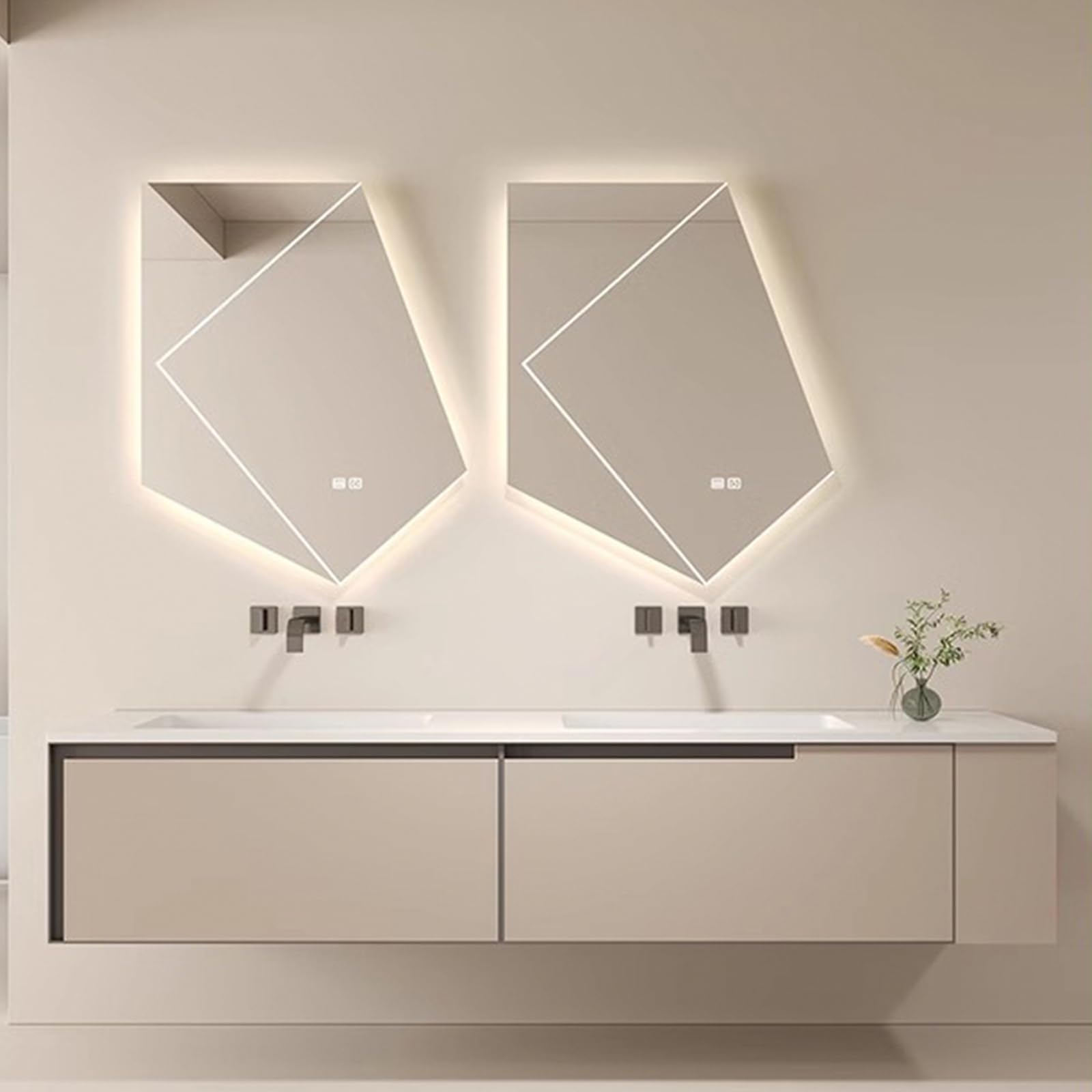 56"- 76" Double Basin Floating Bathroom Vanity Set with Double Backlit LED Defogging Mirror