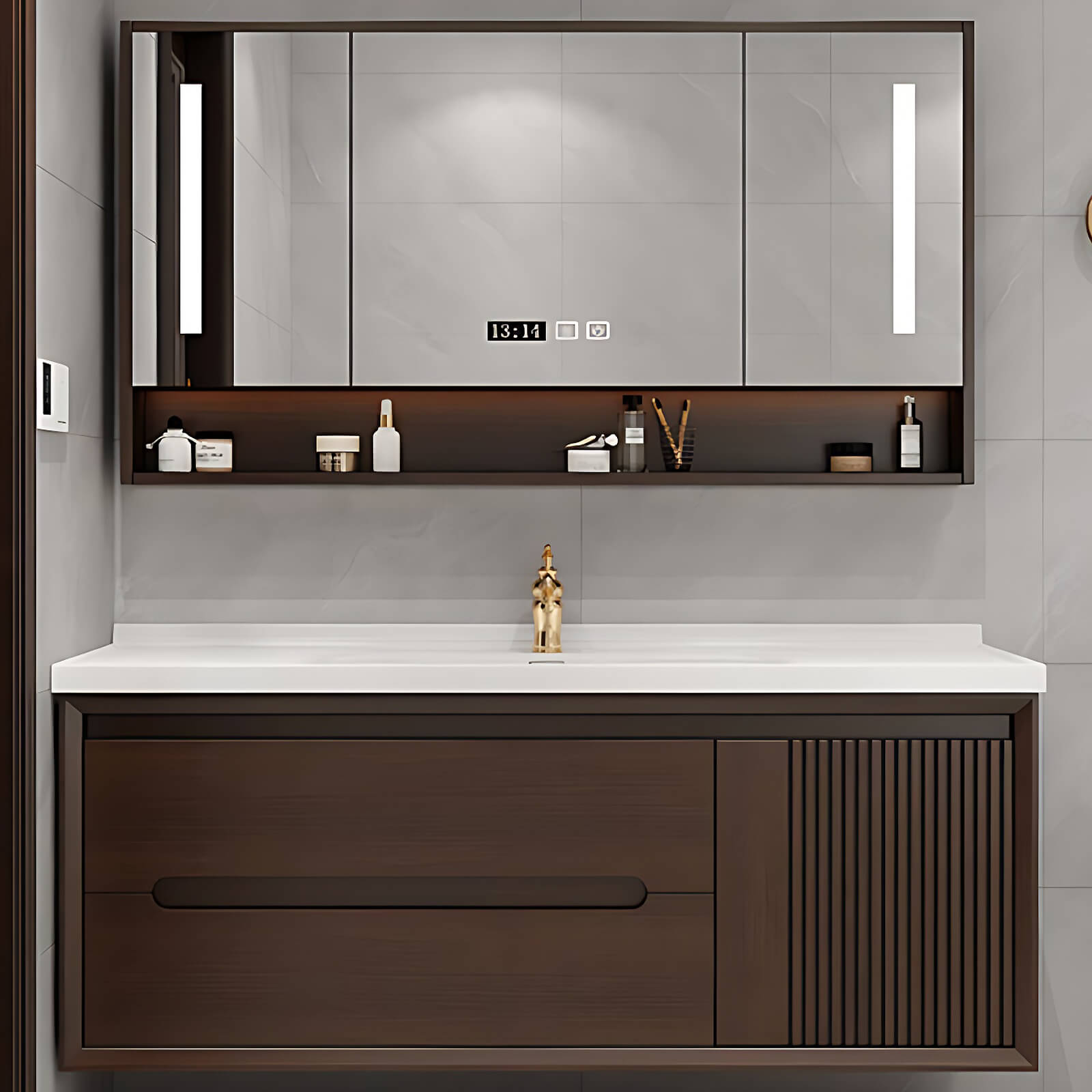 36"- 64" White Countertop With Single Sink and Floating Cabinet, Mirror Cabinet