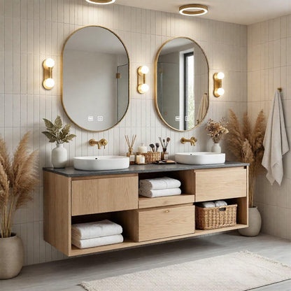 60”-96"Natural Wood Bathroom Vanity with Double Sinks & Gold Accents