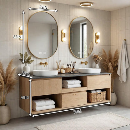 60”-96"Natural Wood Bathroom Vanity with Double Sinks & Gold Accents